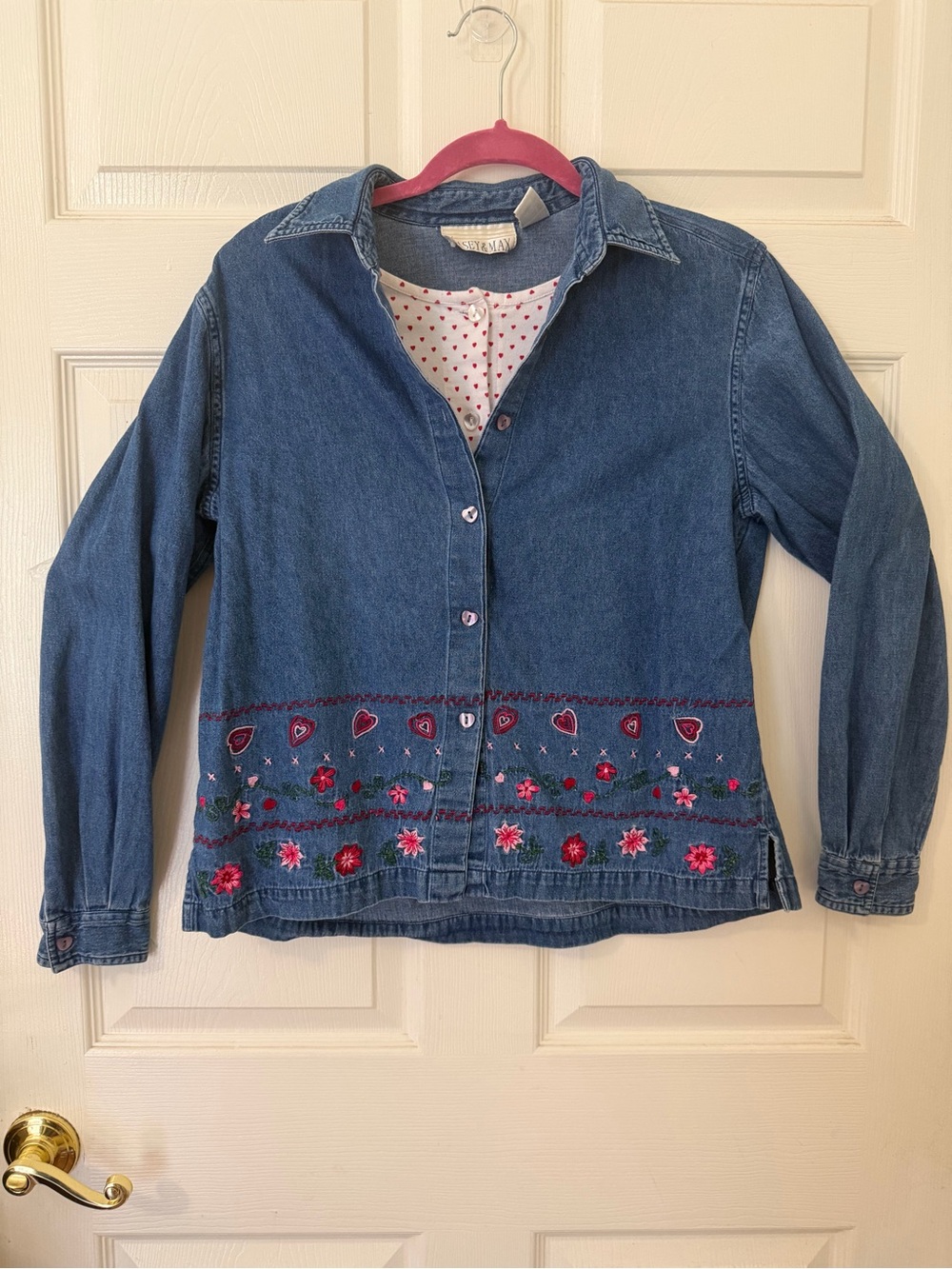 Casey & Max Vintage Embroidered Denim Heart Button Layered Shirt Women S 0017